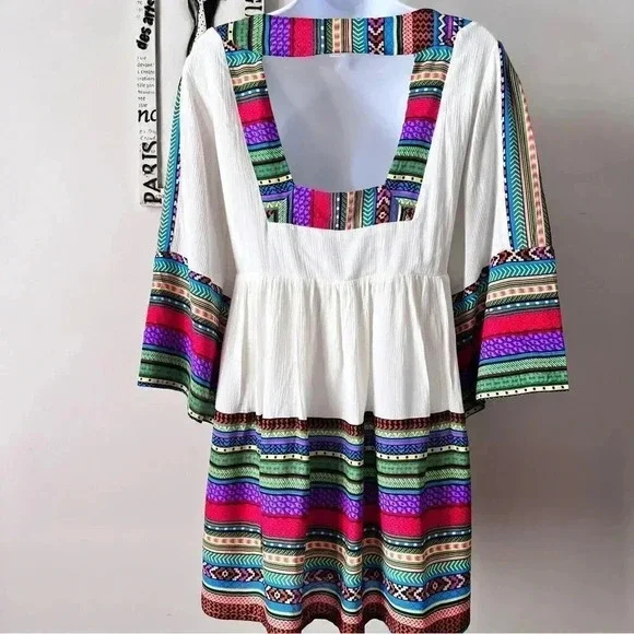 Esley Boho Festival Bell Sleeve Printed White Mini Dress Size L - Picture 8 of 13